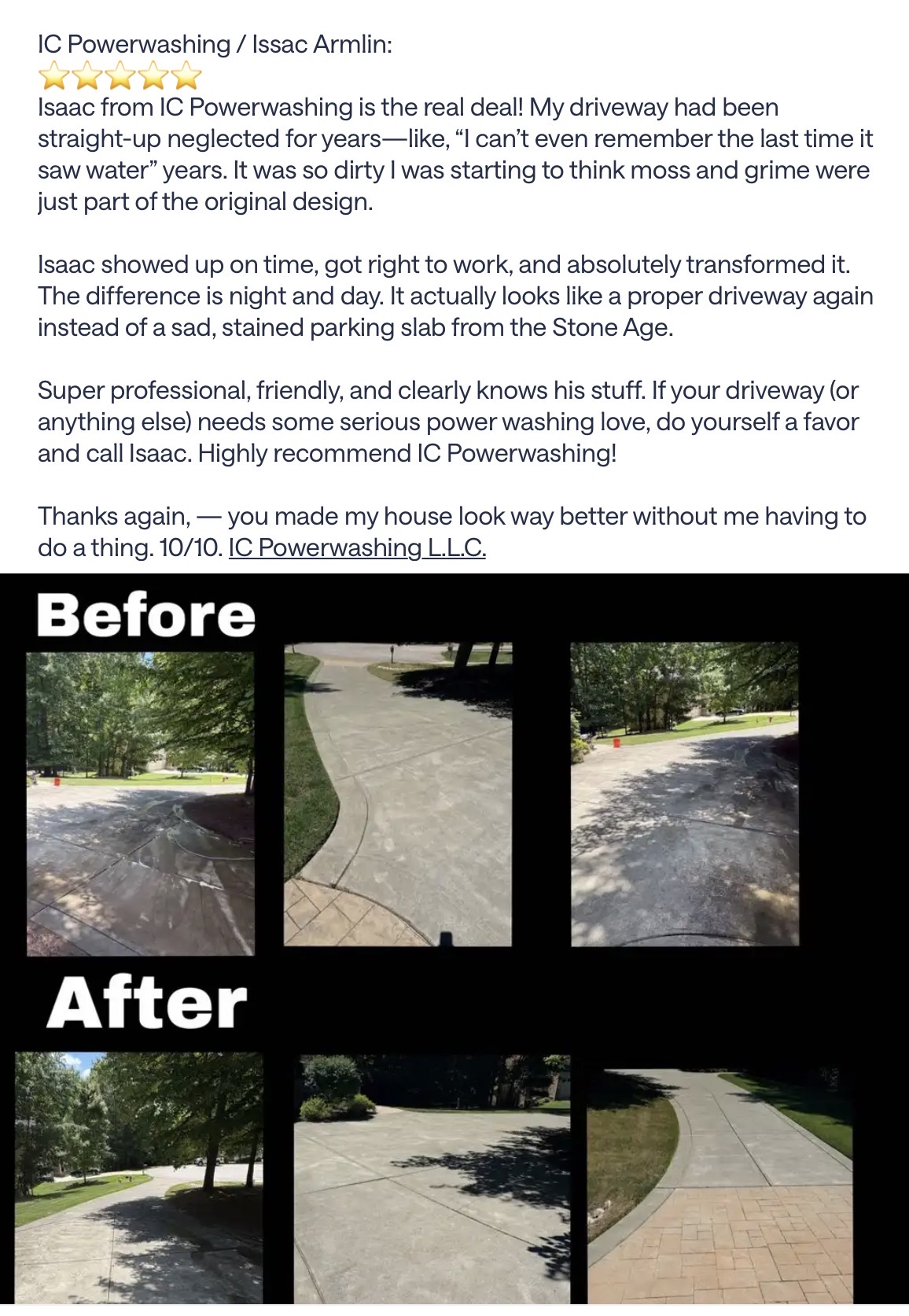 Five-star Nextdoor review with before and after driveway photos for IC Power Washing