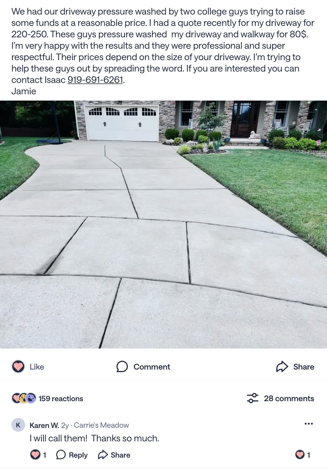 Nextdoor review showing a clean driveway cleaned by IC Power Washing