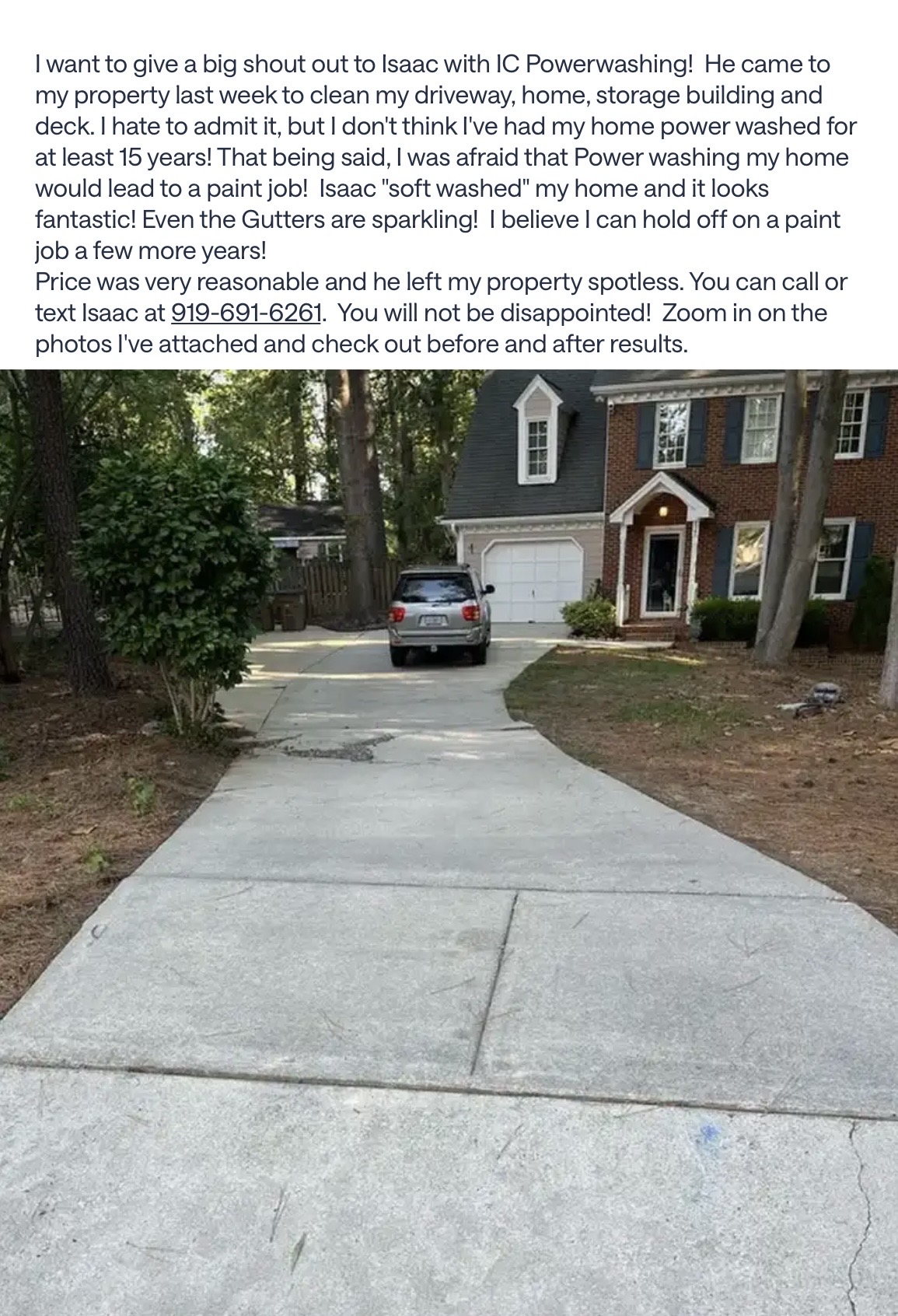 Nextdoor review praising IC Power Washing for soft washing a full home and gutters